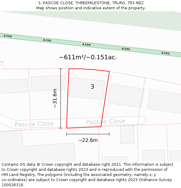 3, PASCOE CLOSE, THREEMILESTONE, TRURO, TR3 6BZ: Plot and title map