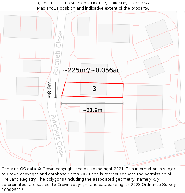 3, PATCHETT CLOSE, SCARTHO TOP, GRIMSBY, DN33 3SA: Plot and title map