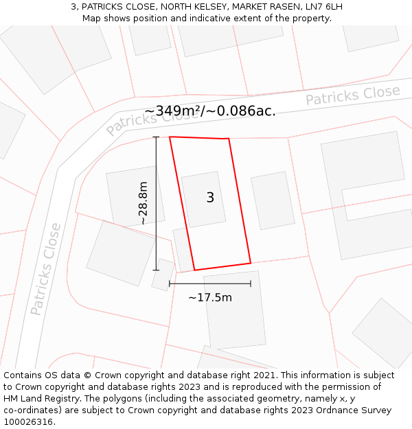 3, PATRICKS CLOSE, NORTH KELSEY, MARKET RASEN, LN7 6LH: Plot and title map