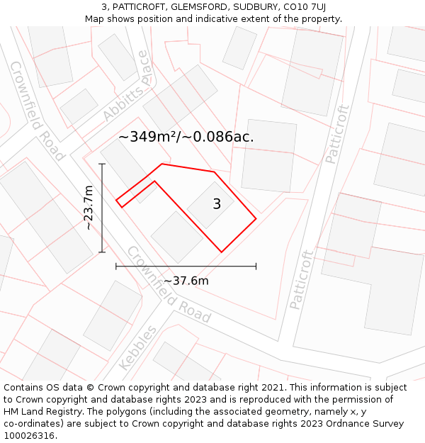 3, PATTICROFT, GLEMSFORD, SUDBURY, CO10 7UJ: Plot and title map