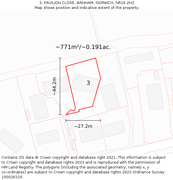 3, PAVILION CLOSE, BANHAM, NORWICH, NR16 2HZ: Plot and title map