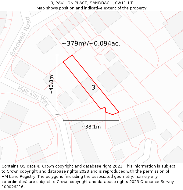 3, PAVILION PLACE, SANDBACH, CW11 1JT: Plot and title map