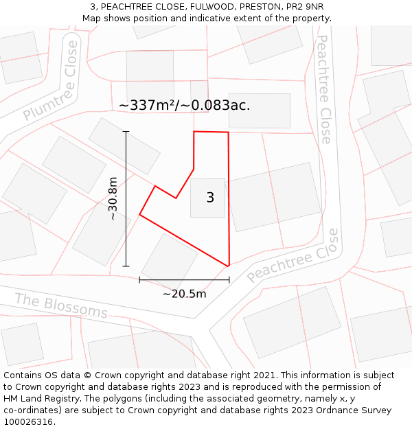 3, PEACHTREE CLOSE, FULWOOD, PRESTON, PR2 9NR: Plot and title map