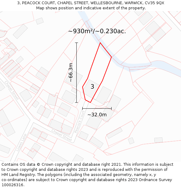 3, PEACOCK COURT, CHAPEL STREET, WELLESBOURNE, WARWICK, CV35 9QX: Plot and title map