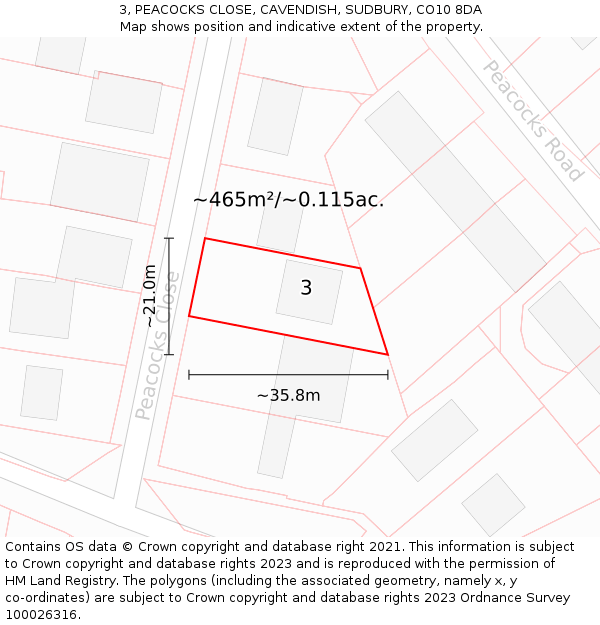 3, PEACOCKS CLOSE, CAVENDISH, SUDBURY, CO10 8DA: Plot and title map