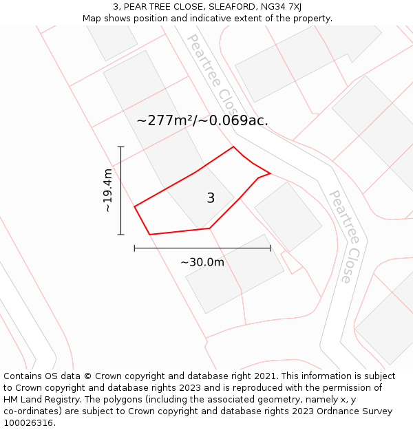 3, PEAR TREE CLOSE, SLEAFORD, NG34 7XJ: Plot and title map
