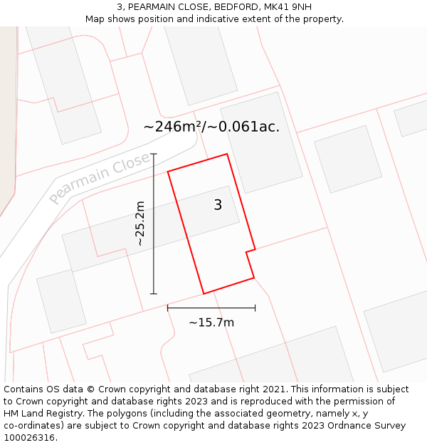 3, PEARMAIN CLOSE, BEDFORD, MK41 9NH: Plot and title map