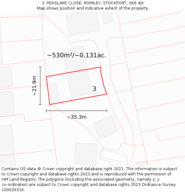 3, PEASLAKE CLOSE, ROMILEY, STOCKPORT, SK6 4JX: Plot and title map