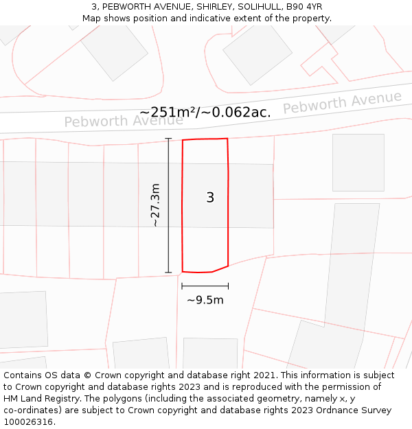 3, PEBWORTH AVENUE, SHIRLEY, SOLIHULL, B90 4YR: Plot and title map