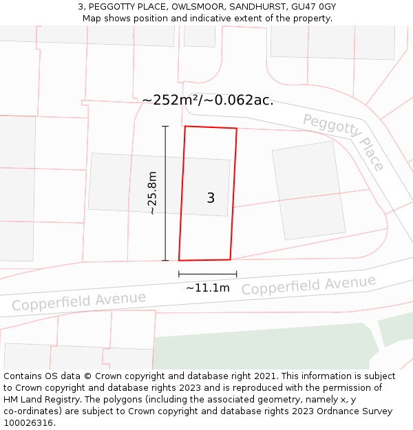 3, PEGGOTTY PLACE, OWLSMOOR, SANDHURST, GU47 0GY: Plot and title map
