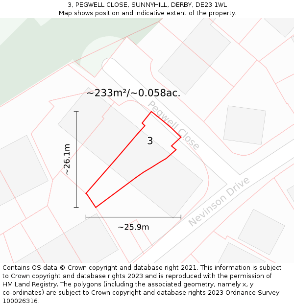 3, PEGWELL CLOSE, SUNNYHILL, DERBY, DE23 1WL: Plot and title map