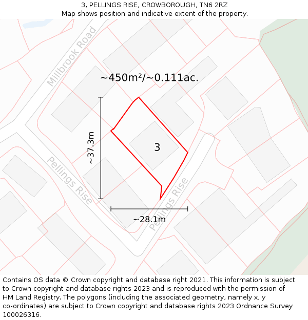 3, PELLINGS RISE, CROWBOROUGH, TN6 2RZ: Plot and title map