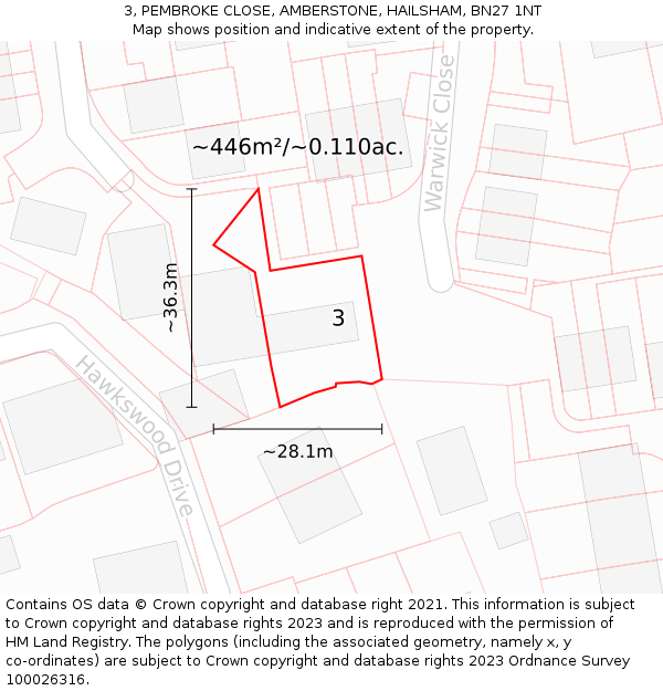 3, PEMBROKE CLOSE, AMBERSTONE, HAILSHAM, BN27 1NT: Plot and title map
