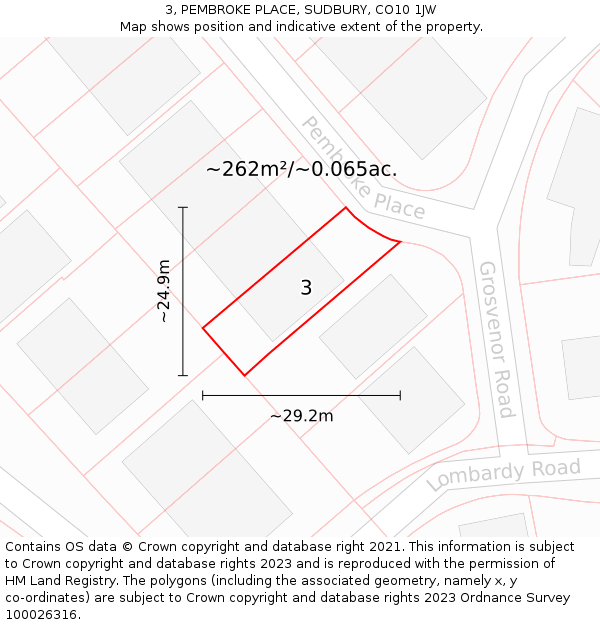 3, PEMBROKE PLACE, SUDBURY, CO10 1JW: Plot and title map