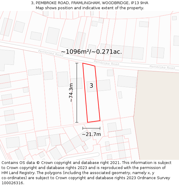 3, PEMBROKE ROAD, FRAMLINGHAM, WOODBRIDGE, IP13 9HA: Plot and title map