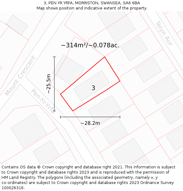 3, PEN YR YRFA, MORRISTON, SWANSEA, SA6 6BA: Plot and title map