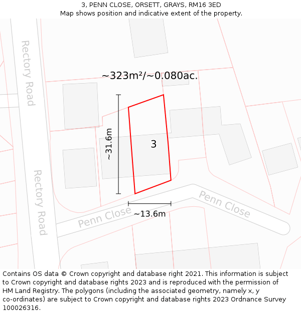 3, PENN CLOSE, ORSETT, GRAYS, RM16 3ED: Plot and title map