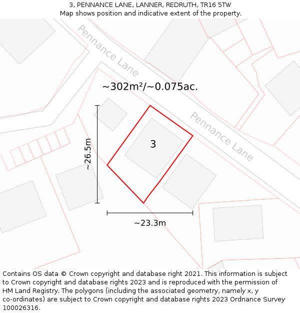 3, PENNANCE LANE, LANNER, REDRUTH, TR16 5TW: Plot and title map