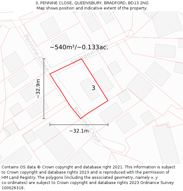 3, PENNINE CLOSE, QUEENSBURY, BRADFORD, BD13 2NG: Plot and title map