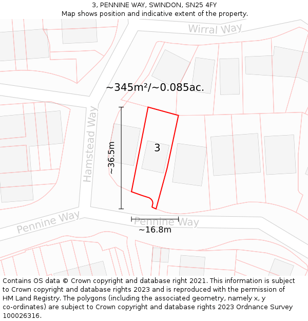 3, PENNINE WAY, SWINDON, SN25 4FY: Plot and title map