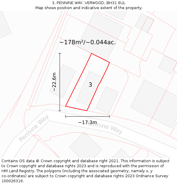 3, PENNINE WAY, VERWOOD, BH31 6UL: Plot and title map