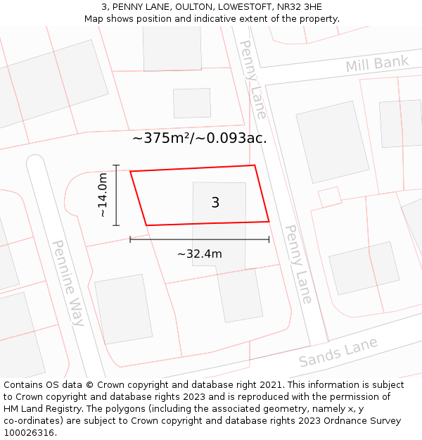 3, PENNY LANE, OULTON, LOWESTOFT, NR32 3HE: Plot and title map