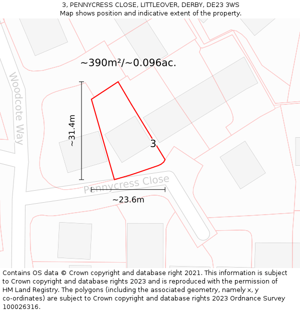3, PENNYCRESS CLOSE, LITTLEOVER, DERBY, DE23 3WS: Plot and title map