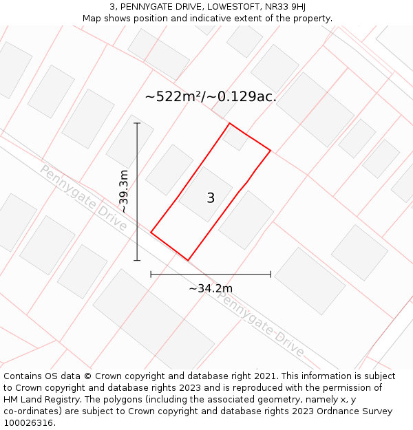 3, PENNYGATE DRIVE, LOWESTOFT, NR33 9HJ: Plot and title map