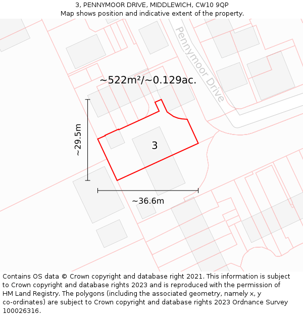 3, PENNYMOOR DRIVE, MIDDLEWICH, CW10 9QP: Plot and title map