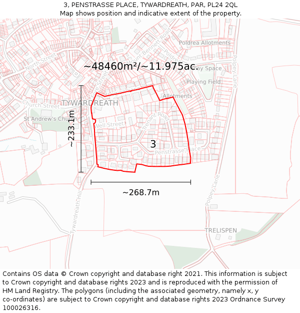 3, PENSTRASSE PLACE, TYWARDREATH, PAR, PL24 2QL: Plot and title map