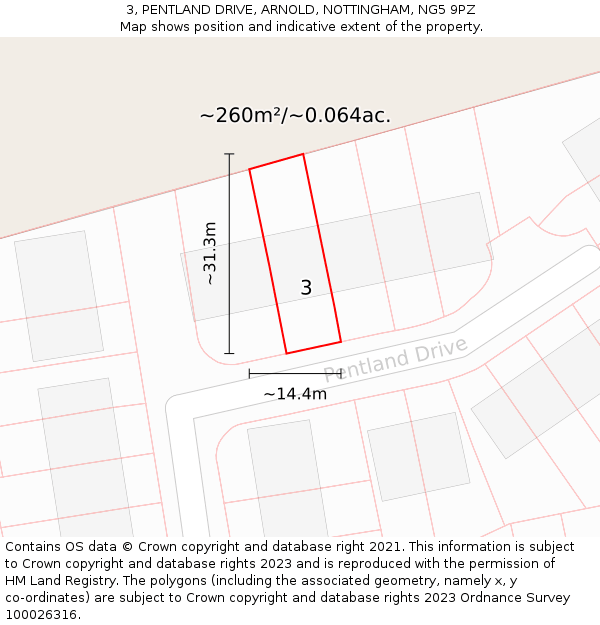 3, PENTLAND DRIVE, ARNOLD, NOTTINGHAM, NG5 9PZ: Plot and title map