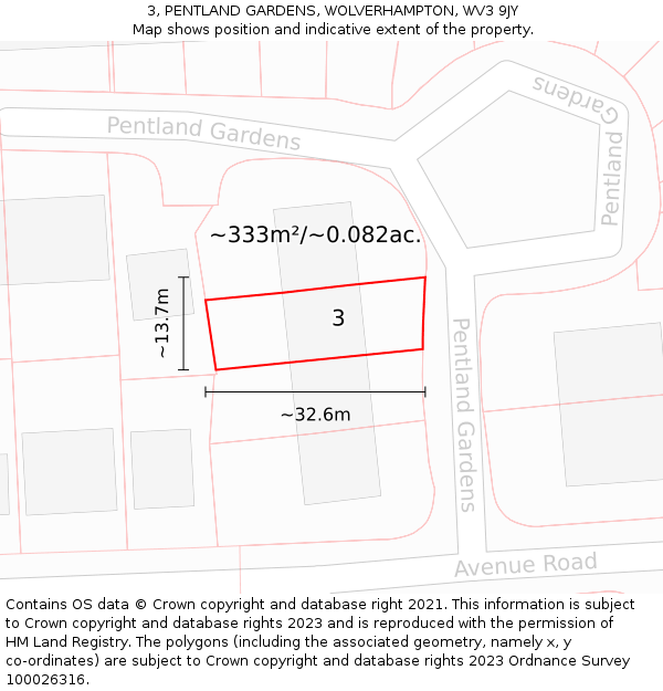3, PENTLAND GARDENS, WOLVERHAMPTON, WV3 9JY: Plot and title map