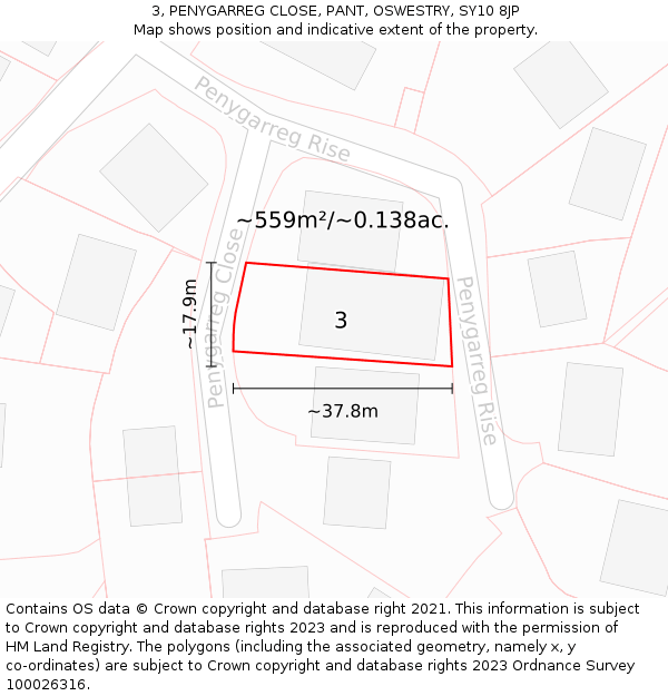 3, PENYGARREG CLOSE, PANT, OSWESTRY, SY10 8JP: Plot and title map