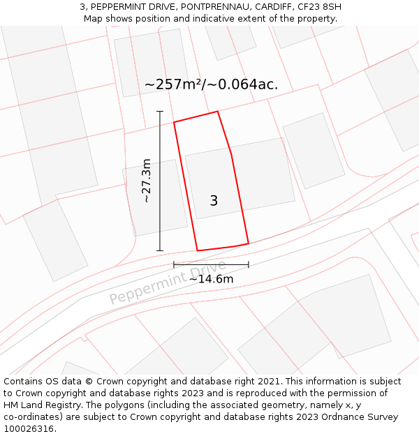 3, PEPPERMINT DRIVE, PONTPRENNAU, CARDIFF, CF23 8SH: Plot and title map