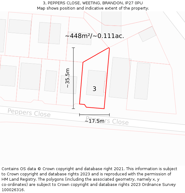 3, PEPPERS CLOSE, WEETING, BRANDON, IP27 0PU: Plot and title map