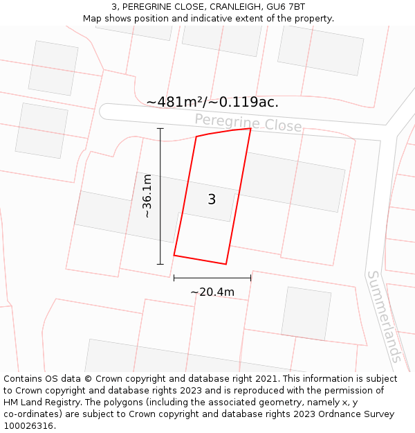 3, PEREGRINE CLOSE, CRANLEIGH, GU6 7BT: Plot and title map
