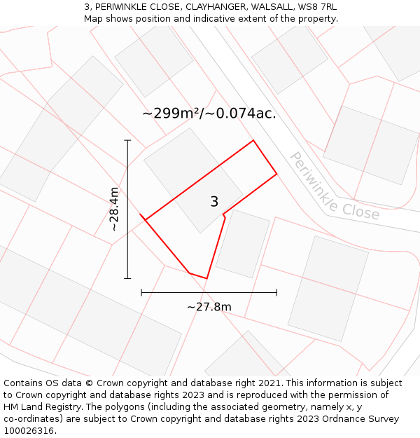 3, PERIWINKLE CLOSE, CLAYHANGER, WALSALL, WS8 7RL: Plot and title map