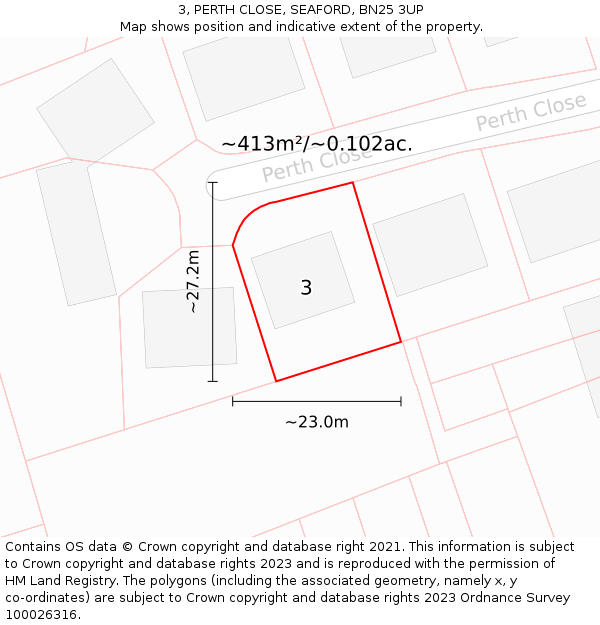 3, PERTH CLOSE, SEAFORD, BN25 3UP: Plot and title map