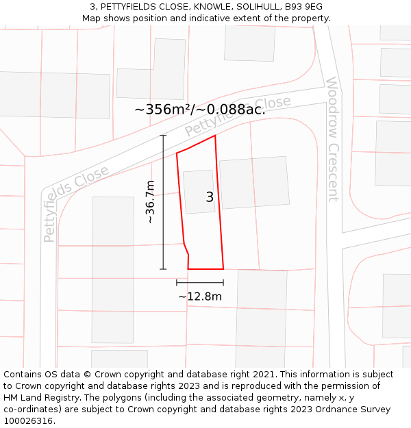 3, PETTYFIELDS CLOSE, KNOWLE, SOLIHULL, B93 9EG: Plot and title map