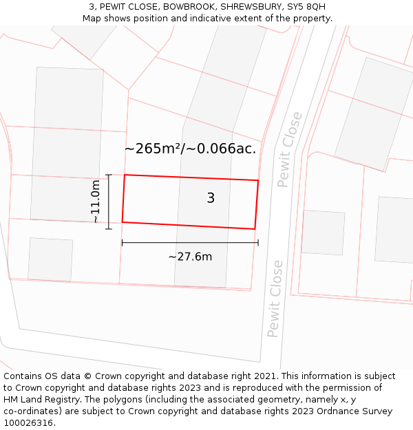 3, PEWIT CLOSE, BOWBROOK, SHREWSBURY, SY5 8QH: Plot and title map