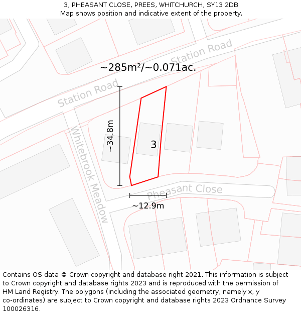 3, PHEASANT CLOSE, PREES, WHITCHURCH, SY13 2DB: Plot and title map