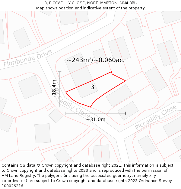3, PICCADILLY CLOSE, NORTHAMPTON, NN4 8RU: Plot and title map