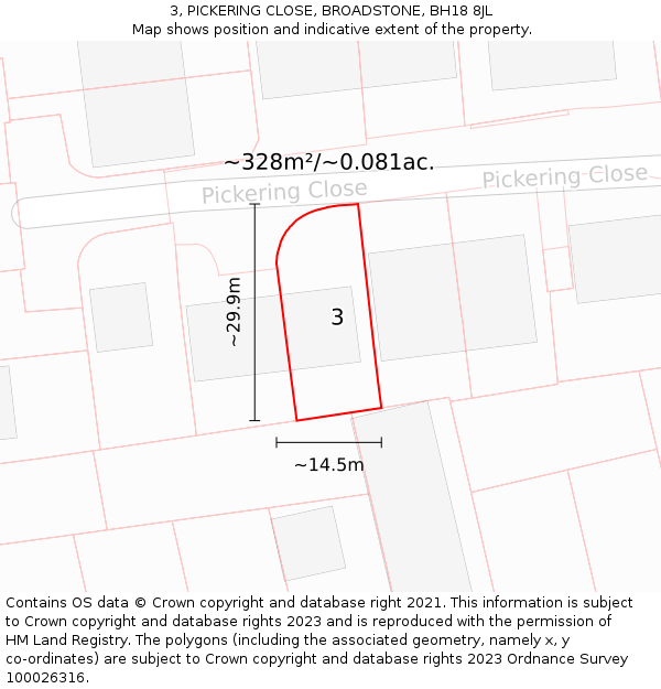 3, PICKERING CLOSE, BROADSTONE, BH18 8JL: Plot and title map