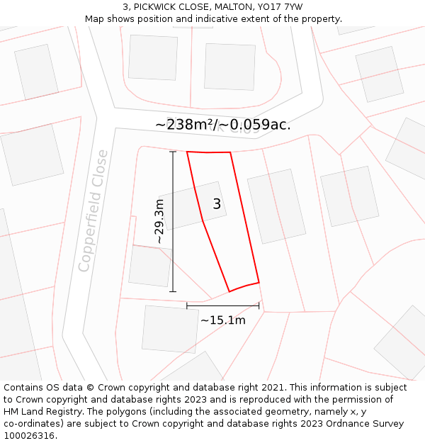 3, PICKWICK CLOSE, MALTON, YO17 7YW: Plot and title map
