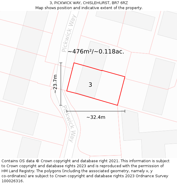 3, PICKWICK WAY, CHISLEHURST, BR7 6RZ: Plot and title map