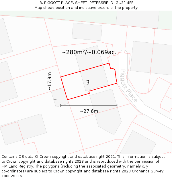 3, PIGGOTT PLACE, SHEET, PETERSFIELD, GU31 4FF: Plot and title map