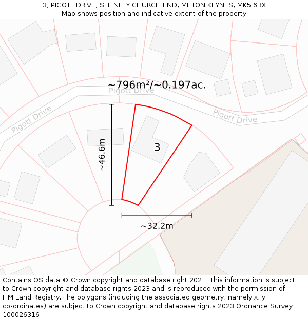 3, PIGOTT DRIVE, SHENLEY CHURCH END, MILTON KEYNES, MK5 6BX: Plot and title map