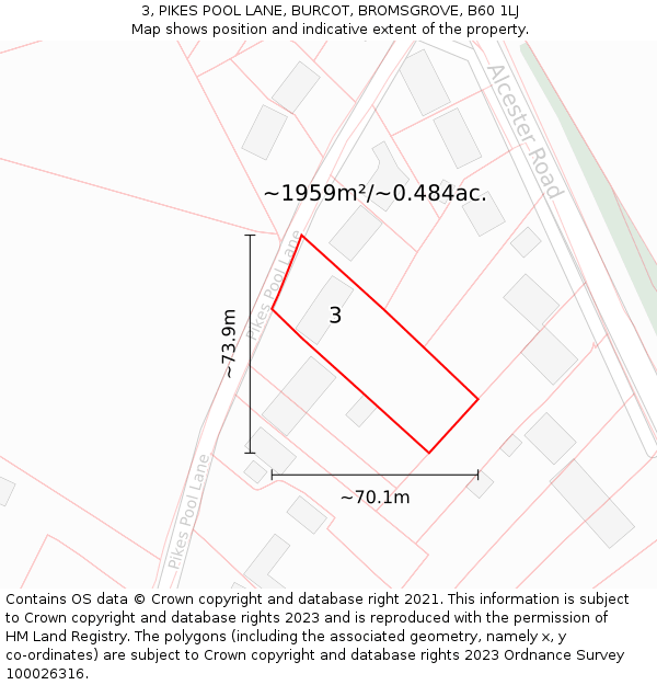 3, PIKES POOL LANE, BURCOT, BROMSGROVE, B60 1LJ: Plot and title map