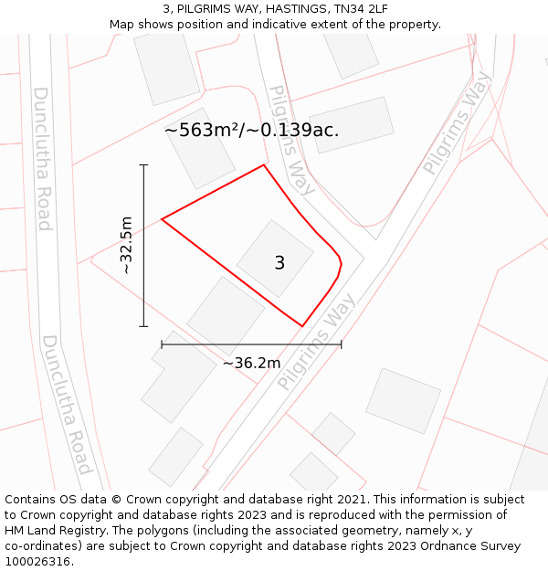 3, PILGRIMS WAY, HASTINGS, TN34 2LF: Plot and title map