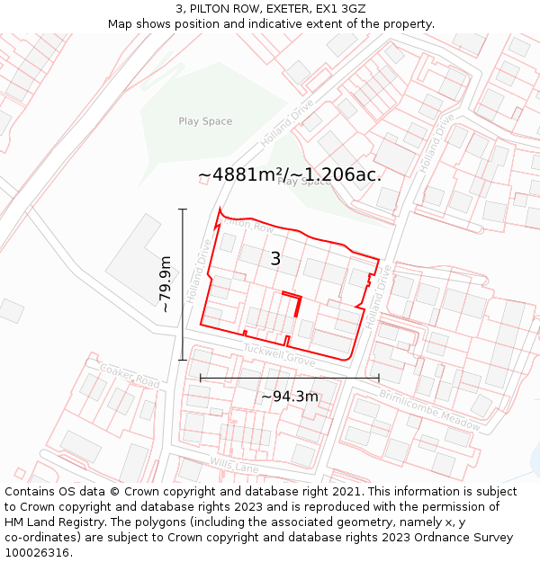 3, PILTON ROW, EXETER, EX1 3GZ: Plot and title map